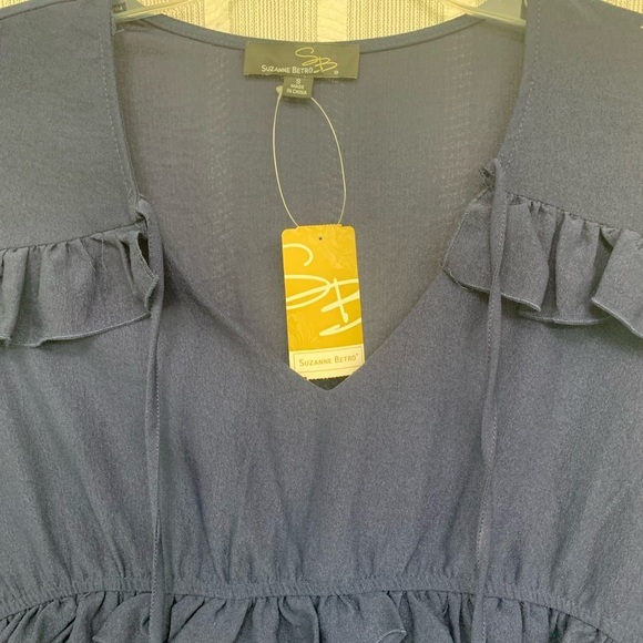 Suzanne Betro Dress w/ Ruffle Trim Long Sleeves Navy Blue Size‎ S - Picture 3 of 6